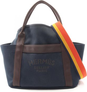 Herm&egrave;s Blue Navy Orange Canvas Handbag Tote Bag (Pre-Owned)