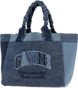 Ganni Womens Trapeze Tote Blue Fabric