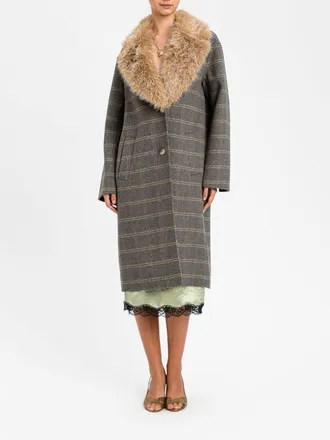 Twinset Cappotto monopetto in lana check con collo in pelliccia a scialle