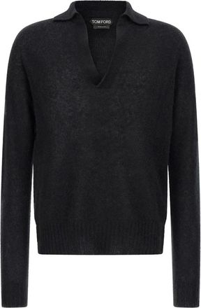Tom Ford Cashmere en zijde gebreide poloshirt - Heren - Cashmere truien - Zwart - L - Kasjmier - Truien & Vesten
