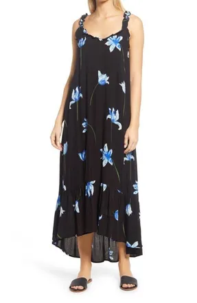 Gibsonlook High-Low Ruffle Edge Maxi Dress in Black Blue Floral Print at Nordstrom, Size X-Small
