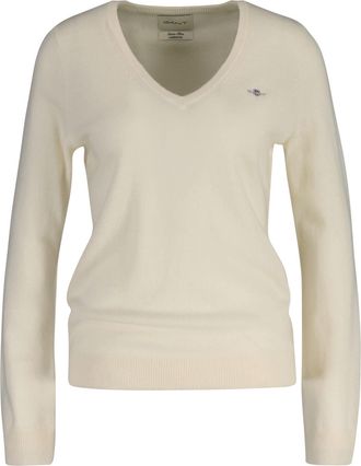 GANT V-Ausschnitt-Pullover GANT EXTRAFINE LAMBSWOOL V-NECK, Damen, Gr. L, beige (cream), Strick, Obermaterial: 90% Wolle, 10% Polyamid, V-Ausschnitt, Rippb
