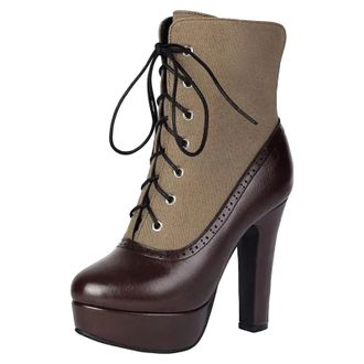 Generic Womens Fashion Party Boots Mid Calf Height Round Toe Super High Block Heel Platform With Lace Up And Mixed Color Design