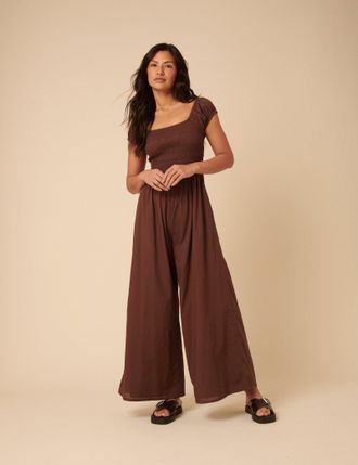 Nobody's Child Brown Shirred Bodice Alaska Jumpsuit