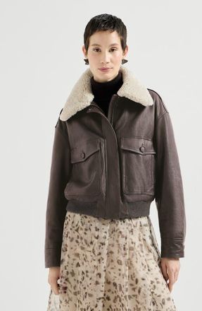 Brunello Cucinelli Polished nappa leather aviator jacket with detachable shearling collar and monili in Coffee at Nordstrom, Size 46