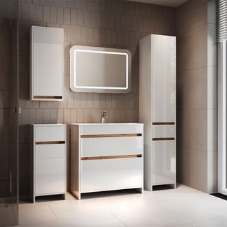 Vicco Conjunto De Muebles De Ba&ntilde;o Detmold, Blanco Brillo Intenso/roble Dorado, Juego De 5, Vicco