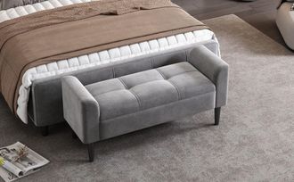 STILVORA Banco De Dormitorio Tapizado Con Reposabrazos, Acolchado Capitone, Para Dormitorio O Comedor, Terciopelo Gris 116 &times; 44 &times; 56 Cm