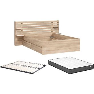 Vente-Unique Letto 160 x 200 cm con 4 cassetti - Colore: Naturale + Rete + Materasso - TENALIA II