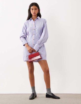 Asos Vestito camicia corto con vita stretta blu e rosso a righe-Multi