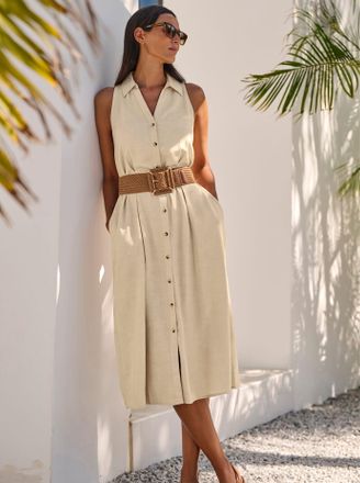 Heine Sommerkleid HEINE Kleid, Damen, Gr. 34, Normalgr&ouml;ssen, sand, 55% Leinen, 45% Viskose, unifarben, wadenlang, V-Ausschnitt, Kleider Sommerkleid