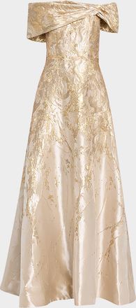 Rene Ruiz Off-Shoulder Metallic Jacquard Gown