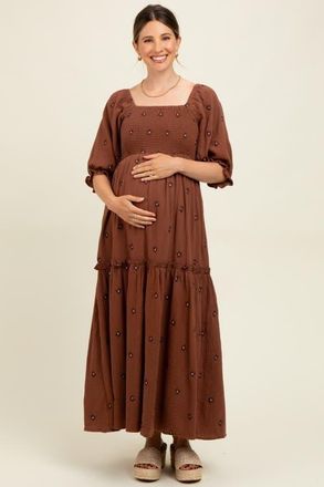 Pinkblush Floral Smocked Puff Sleeve Maxi Dress in Brown at Nordstrom, Size Small