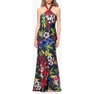 Betsy & Adam Floral Print Satin Halter Dress in Black/Multi at Nordstrom, Size 10