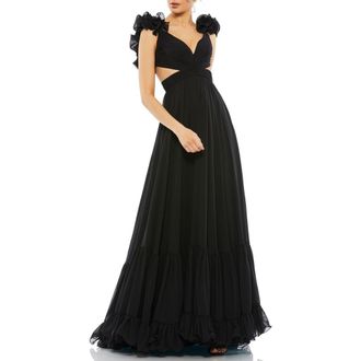 Mac Duggal Sleeveless Ruffle Tiered Cut-Out Chiffon Gown in Black at Nordstrom, Size 0