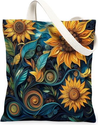 Generic Spring Quilting Paper Sunflower Flower Canvas Tote Bag for Shopping 13x15, Floral Wildflower Reusable Grocery Print Pattern Bag for Women Men, Garden 