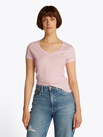 Tommy Jeans Kurzarmshirt TOMMY JEANS TJW SLIM V-NECK TEE, Damen, Gr. XS (34), rosa (precious pink), Single Jersey, Obermaterial: 100% Baumwolle, unifarben, slim f
