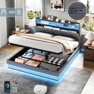 Matteo Grey King Size Bed Frame with Hydraulic Storage, LED & USB Charging
