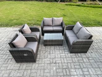 Fimous Rattan Garden Furniture Set Patio Outdoor Lounge Sofa Set with 2 Reclining Chairs Rectangular Coffee Table Dark Grey Mixed