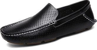 Generic for Men Mens Loafers Shoe Breathable Genuine Leather Perforated Stitching Details Flat Heel Lightweight Flexible Comfortable Wedding Slip On(Black,6.5