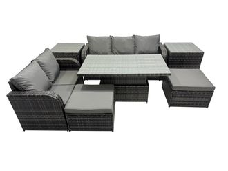 Fimous Rattan Garden Furniture Dining Set 7-seater with 2 Side Tables in Dark Grey