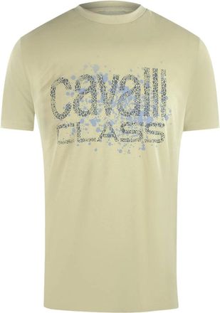 Roberto Cavalli Mens Cavalli Class Cracked Sprayed Logo Beige Sand T-Shirt - Green - Size: 40