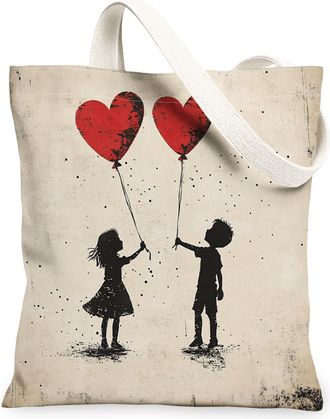 Generic Heart Balloon Canvas Tote Bags, Romantic Love Print Reusable Shopping Bags, Vintage Artistic Lightweight Washable Shoulder for Everyday Use Travel Bea