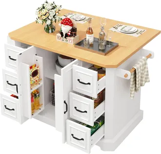 STILVORA Carro De Cocina Con 2 Puertas, 6 Cajones Y 5 Ruedas Con Freno, En Mdf Y Metal, 120 X 45(75) X 91 Cm