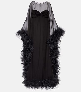 Valentino Caped feather-trimmed silk gown