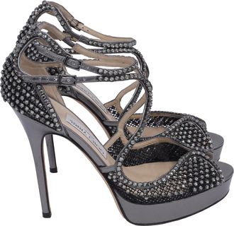 Jimmy Choo London Falcon Mesh Embellished Sandals in Silver Leather