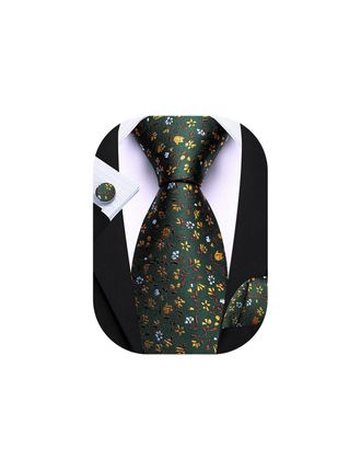 Barry.Wang Mens Tie Silk Floral Necktie Pocket Square Cufflinks Set Wedding Wedding Prom