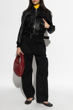 Bottega Veneta Leather Jacket With Decorative Weave, Womens, Black