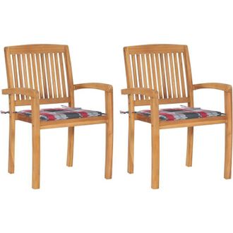 vidaXL Sillas De Jard&iacute;n 2 Uds Madera De Teca Y Cojines A Cuadros Rojos Vidaxl
