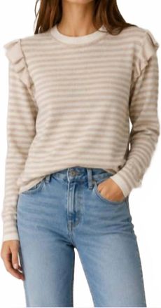 Minnie Rose Striped Crew Sweater With Ruffle In Brown Sugar
