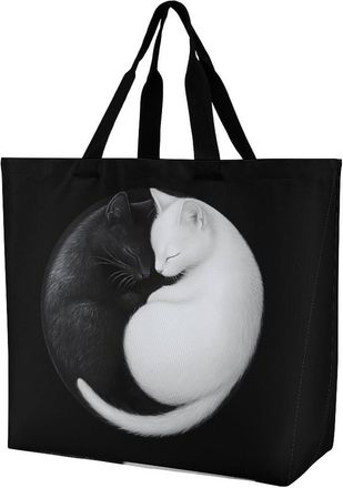 Generic Yin And Yang Cat Reusable Shopping Bags One Shoulder Grocery Tote Bag Waterproof Big Purse for Work Travel