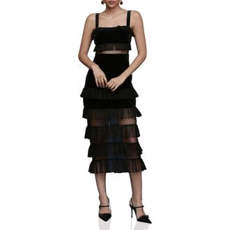 Avec Les Filles Tiered Ruffle Velvet Maxi Dress in Black at Nordstrom, Size 14