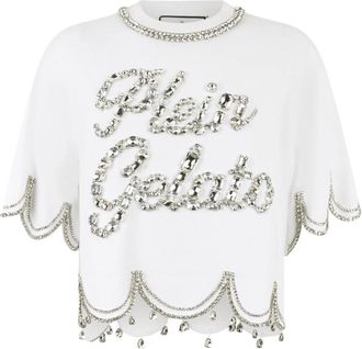 Philipp Plein Cropped T-Shirt Crystal Waves - Dames - T-shirts - Wit - L - Katoen - Tops
