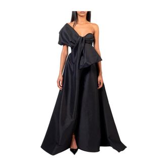 Doris S Zwarte Elegante Lange Jurk met Zijwaartse Split en Voorstrik - Dames - Avondkleed - Zwart - XS - Kleedjes