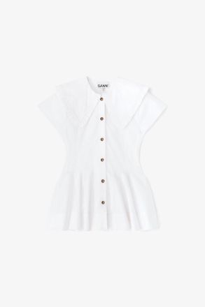 Ganni White Short Cotton Ruffle Shirt - Size 10/12 Organic