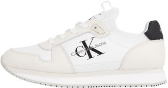 Calvin Klein Womens Leather Lace Up Runner Sock Trainers, White (Bright White/Black), 6