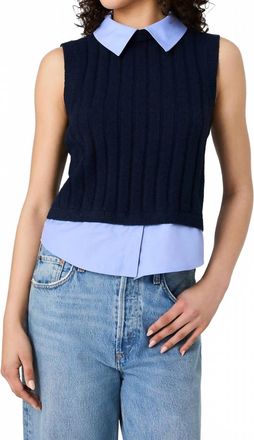 French Connection Aleyna Knit Poplin Collared Vest In Marine Blue Combo