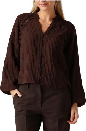 Co'Couture Bruine Kant V-hals Blouse - Dames - Overhemden - Bruin - S - Wol - Overhemden