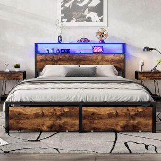 C&A 4ft6 Double Metal Bed with LED Strip,2 Drawers,USB Ports,Sturdy Design for Teens&Adults,Black/Walnut