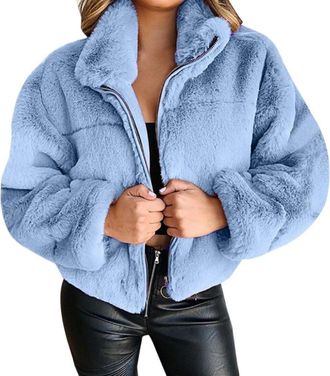 Generic Womens Fall and Winter Fluffy Collar Zipper Short Jacket Fashion Casual Furry Warm Loose Lapel Long-sleeved Faux Fur Coat (Blue,3XL)
