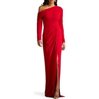 Tadashi Shoji Pleated One-Shoulder Long Sleeve Crepe Gown in Flame at Nordstrom, Size X-Large