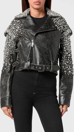Philipp Plein Giacca biker cropped in pelle con cristalli e cintura in vita