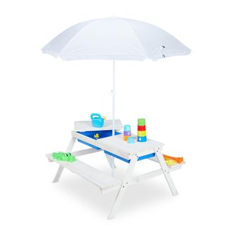 Relaxdays Relaxdays - Mesa P&iacute;cnic Infantil Con Sombrilla, Mesita Ni&ntilde;os Con 2 Bancos Madera, Para Juegos Con Arena Y Agua, Blanca