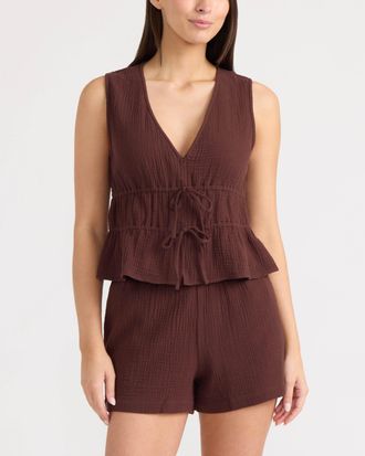 Ellen Tracy Womens Double Gauze Sleeveless Tie Front Top