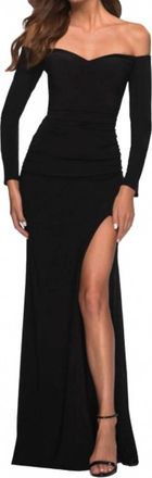 La Femme Long Sleeve Off Shoulder Maxi Dress In Black