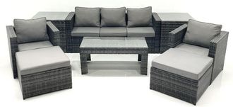 Fimous Fimous 7 Seater Rattan Garden Furniture Set Outdoor Lounger Sofa with Coffee Table 2 Armchair 2 Big Footstools 2 Side Tables Dark Grey Mixed