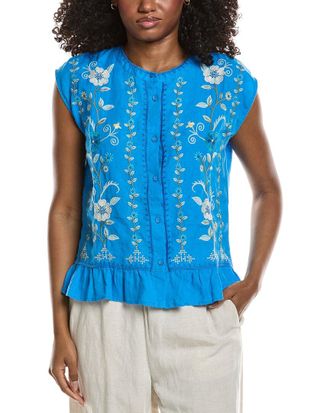 Johnny Was Peplum Cap Sleeve Linen Blouse